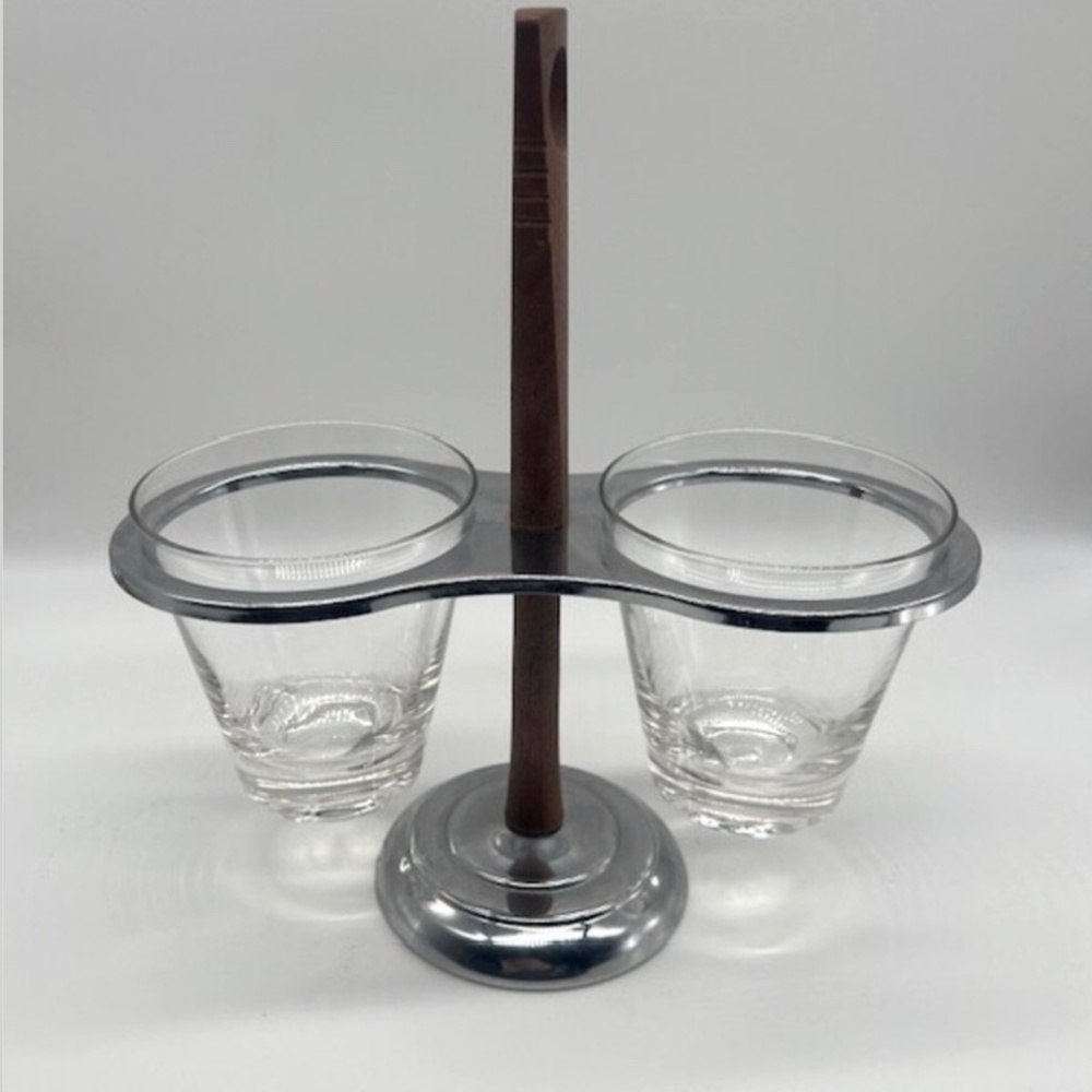 MCM Vtg Wood & Chrome  Double Cocktail Drink Caddy Holder with Glasses Barware